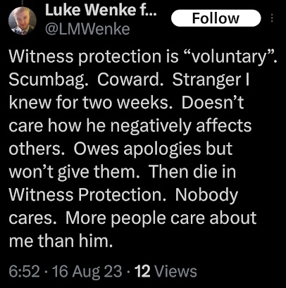 luke wenke thinks stalking victim ryan teeter is in witness protection x/twitter screenshot august 2023