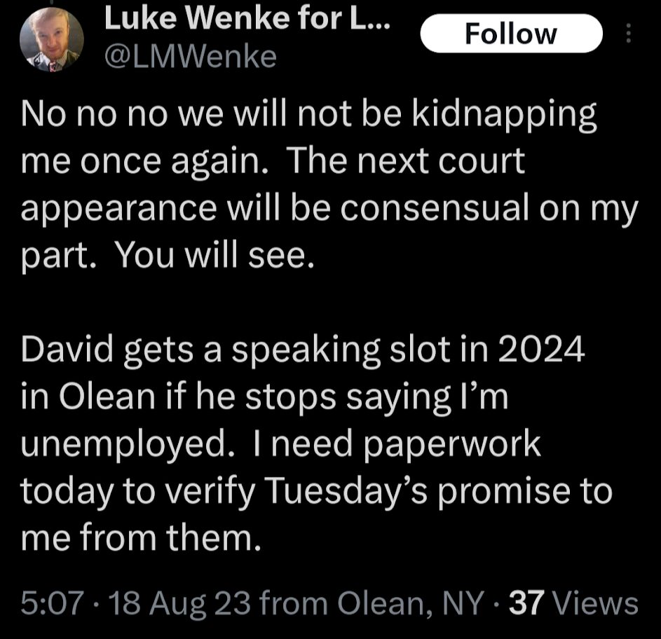 luke wenke falsely accuses federal prosecutor of kidnapping him x/twitter screenshot august 2023