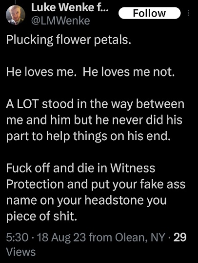 luke wenke telling stalking victim benjamin ryan teeter to fuck off and die x/twitter screenshot 08-2023