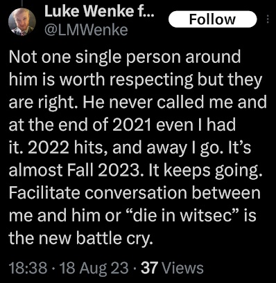 screenshot of an x/twitter post by luke wenke wishing death on his stalking victim ryan teeter