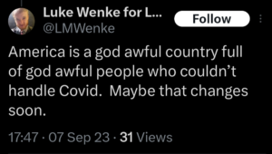 luke wenke calls america a "god awful country" in a tweet from september 2023