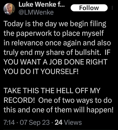 luke wenke stating his plans to file lawsuits against those he feels wronged by x/twitter screenshot september 2023