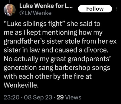 luke wenke complaining about getting banned from his wenkeville family reunion x/twitter screenshot september 2023
