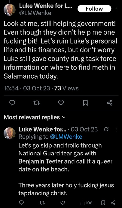 screenshot of an october 2023 luke wenke x/twitter post bragging about being a sntich to the ungrateful government