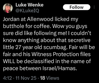 screenshot of a november 2024 luke wenke x/twitter post about a fellow inmate performing sexual favors on him for coffee