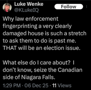 screenshot of an x/twitter post by luke wenke angry because police won't investigate fake home intrusion 2025