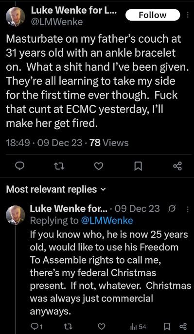 luke wenke talking about masturbaging on his dads couch x/twitter screenshot december 2023