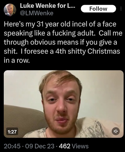 luke wenke showing off his incel face during a live video screenshot x/twitter december 2023