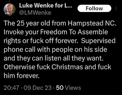 luke wenke demanding contact with stalking victim benjamin ryan teeter x/twitter screenshot december 2023