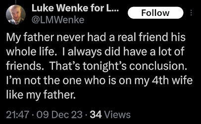 luke wenke mockingly says his dad kevin has no friends december 2023 x/twitter screenshot