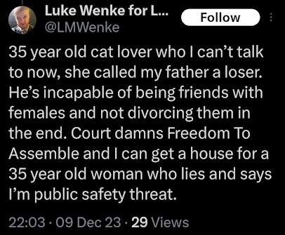 luke wenke x/twitter screenshot mocking stalking victim katie false allegations