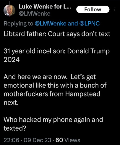 luke wenke mocking his father kevin wenke calling him a libtard x/twitter screenshot december 2023