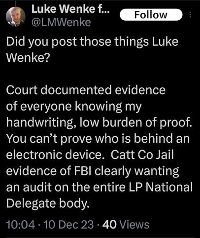 luke wenke falsely claims someone is forging his handwriting x/twitter screenshot december 2023