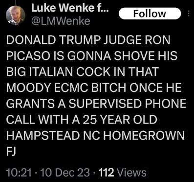 luke wenke making explicit sexual commentary about the judge overseeing his federal stalking case december 2023 x/twitter screenshot