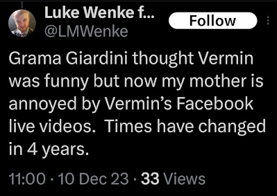 luke wenke talks about his mommy being annoyed by vermin supreme x/twitter screenshot december 2023
