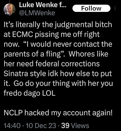 luke wenke complaining on x/twitter because a mental health evaluator was unwilling to call his stalking victim's family from the hospital 
