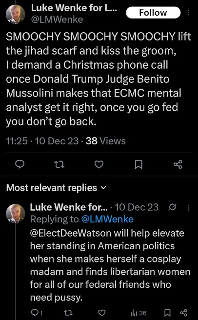 luke wenke obsessing over stalking victim benjamin ryan teeter x/twitter screenshot december 2023