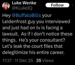 luke wenke x twitter screenshot dr. corey leidenfrost 2025 threats to sue