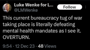 screenshot of a september 2023 Luke Wenke x/twitter post demanding the overturn of his felony cyberstalking conviction