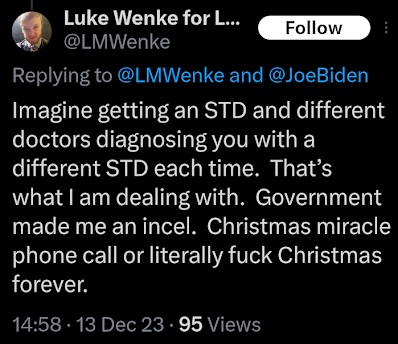 screenshot of a december 2023 luke wenke x/twitter post comparing mental health treatment to a sexually transmitted disease