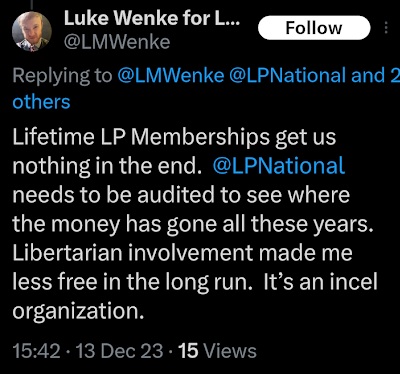 screenshot of a december 2023 luke wenke facebook post complaining about being an incel and blaming the libertarian party