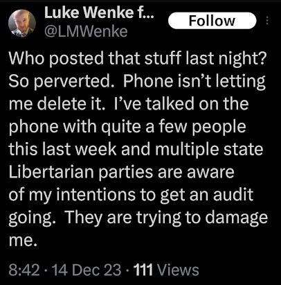 screenshot of a luke wenke x/twitter post falsely claiming someone hacked his account december 2023