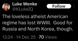 luke wenke anti-american tweet hating america in december 2025