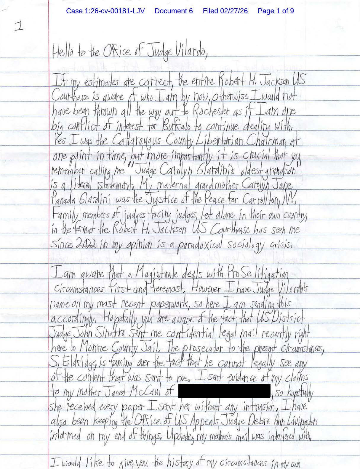 Page 1 of Luke Wenke’s handwritten federal court letter claiming Judge John Sinatra sent him confidential legal mail at Monroe County Jail and discussing his court cases.