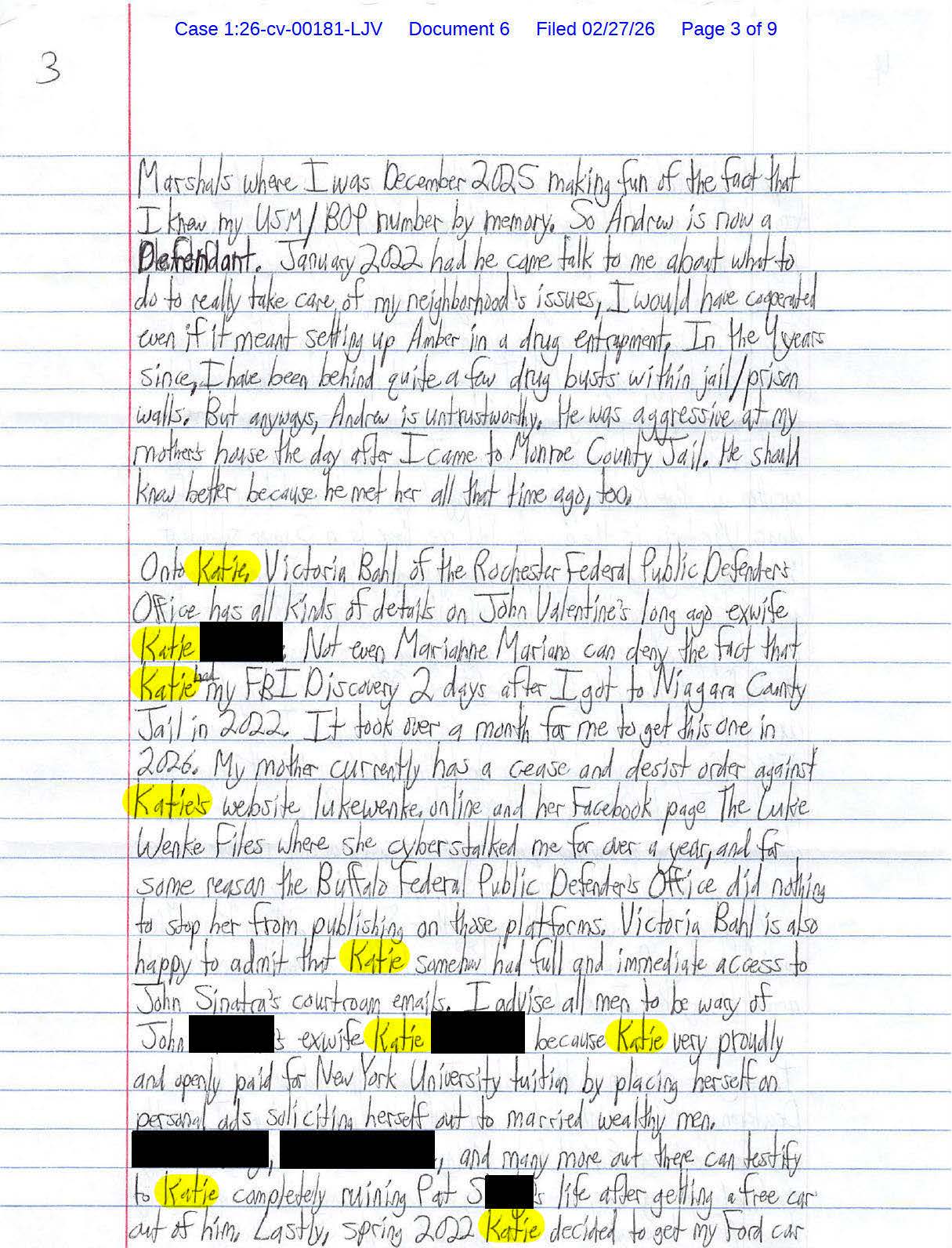 Page 3 of Luke Wenke’s handwritten federal court letter making claims about Katie, her personal life, The Luke Wenke Files website, and alleged access to Judge John Sinatra’s emails.