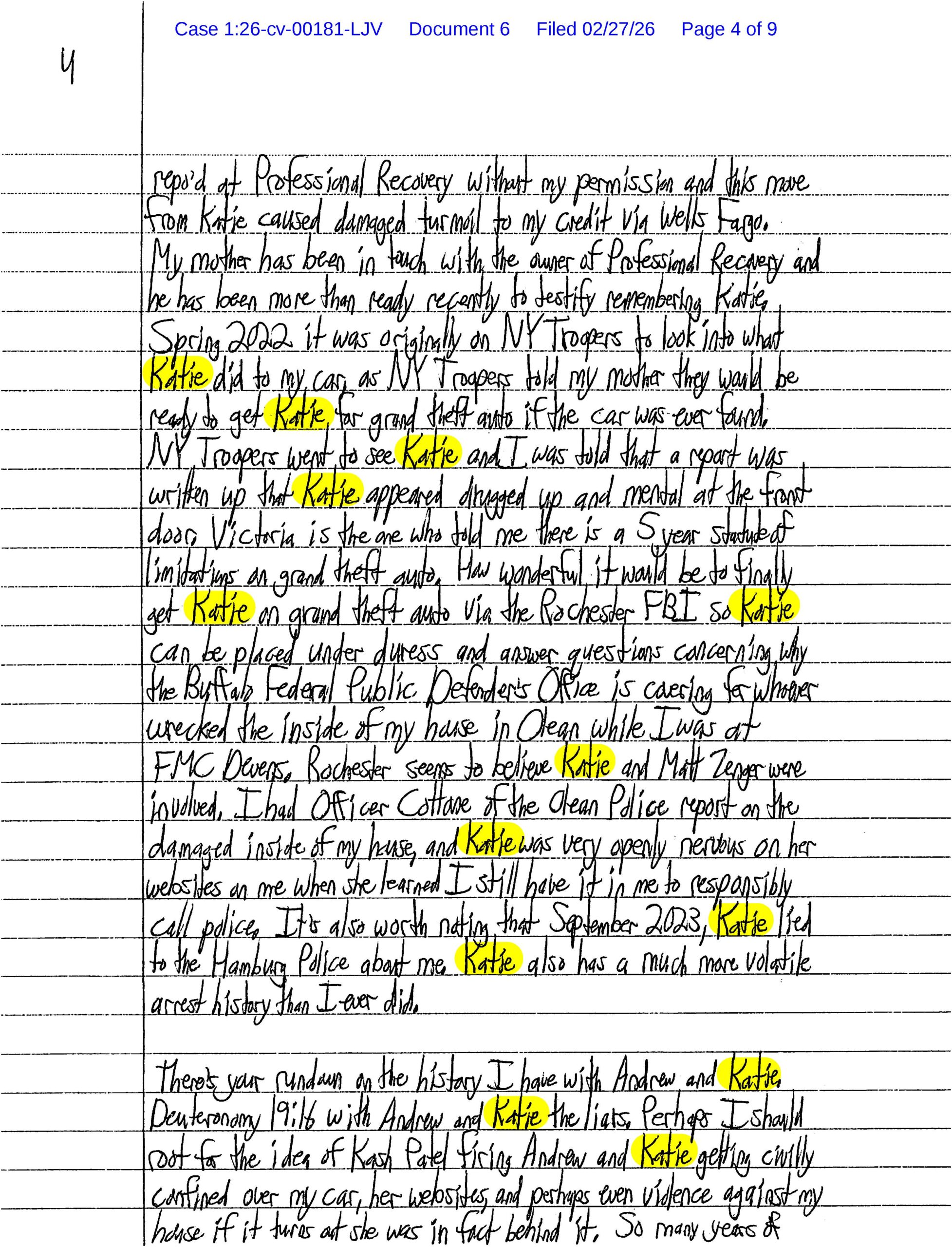 Page 4 of Luke Wenke’s handwritten federal court letter accusing Katie of stealing his car, targeting his Olean home, and conspiring with others against him.