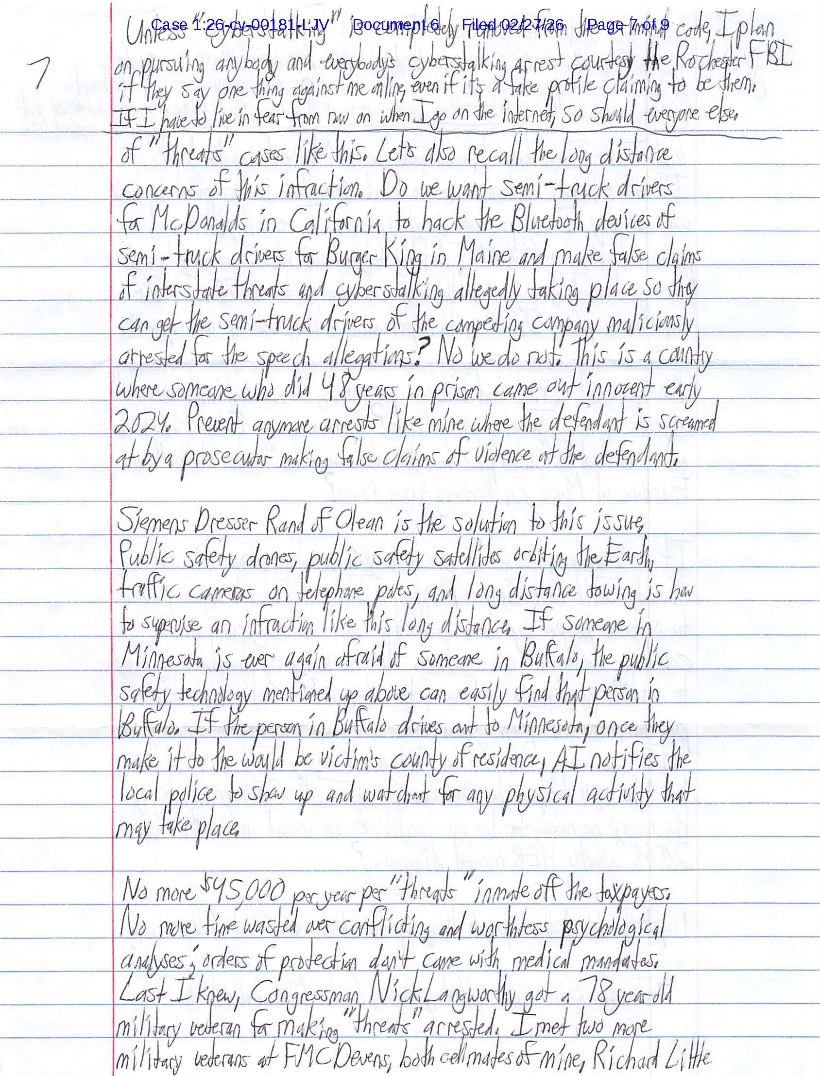 Page 7 of Luke Wenke’s handwritten federal court letter proposing AI, drones, satellites, and traffic cameras to monitor alleged cyberstalking threats instead of making arrests.