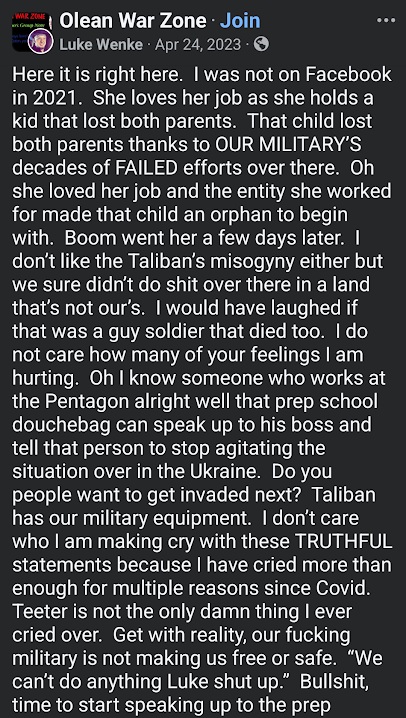 luke wenke laughing because a us military member died in afghanistan april 2023