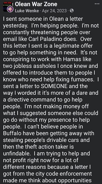 screenshot of an april 2023 luke wenke facebook post about his letter writing and carl paladino obsessions