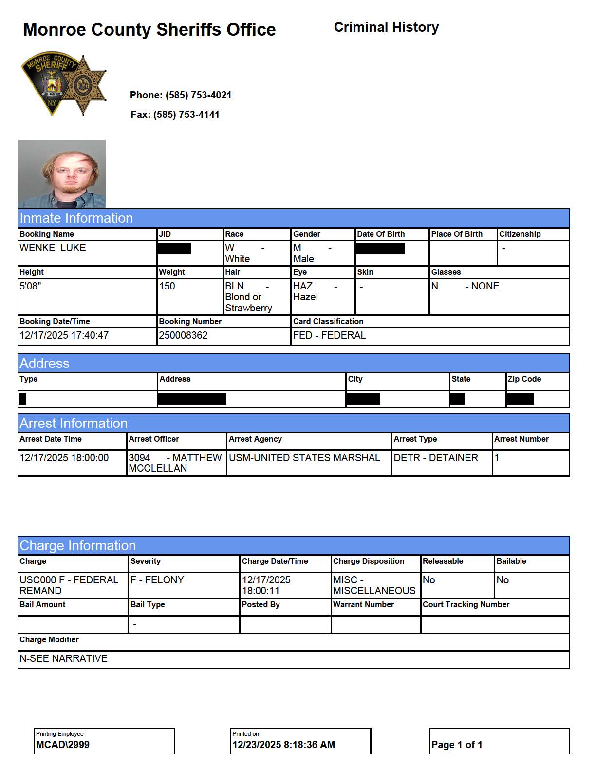 Monroe County Sheriff’s Office criminal history record for Luke Wenke showing his December 17, 2025 federal detainer, U.S. Marshals arrest information, and federal remand charge.