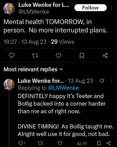 screenshot of a luke wenke x/twitter post taunting stalking victims elexy bollig and ryan teeter