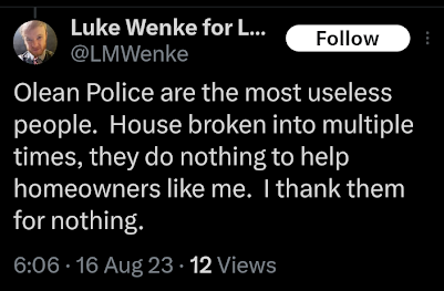 screenshot of an august 2023 luke wenke x/twitter post calling the olean police useless