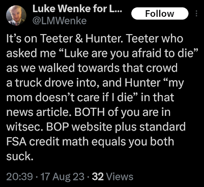 luke wenke demanding contact from stalking victim benjamin ryan teeter and blaming teeter for his legal problems