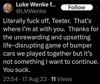 Luke Wenke obsessive and hostile x/twitter post about romantic obsession Ryan Teeter from August 2023