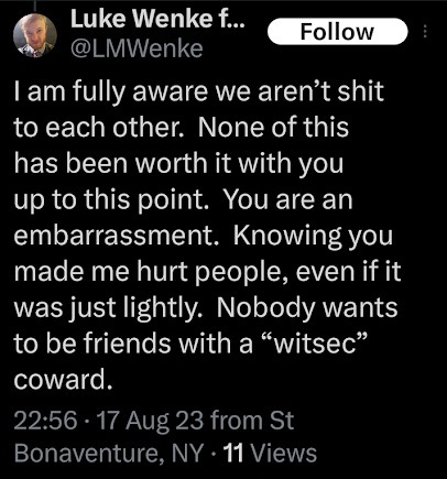 Luke Wenke angry and hostile x/twitter post about romantic obsession and stalking victim Ryan Teeter from August 2023