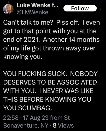 Luke Wenke angry and hostile x/twitter post directed at romantic obsession Ryan Teeter from August 2023