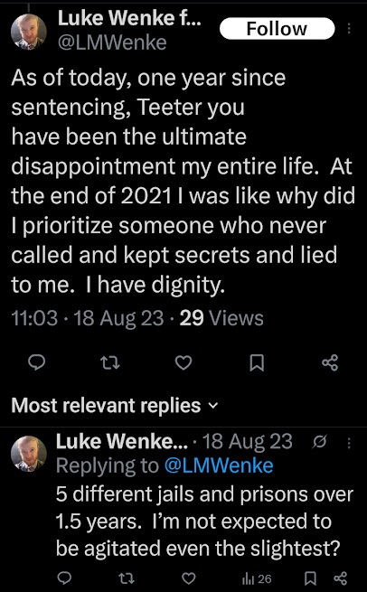 Luke Wenke obsessive x/twitter post about romantic obsession Ryan Teeter from August 2023