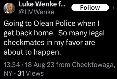 an x/twitter screenshot of an august 2023 x/twitter facebook post by luke wenke stating his plans to falsely report his stalking victim to the police