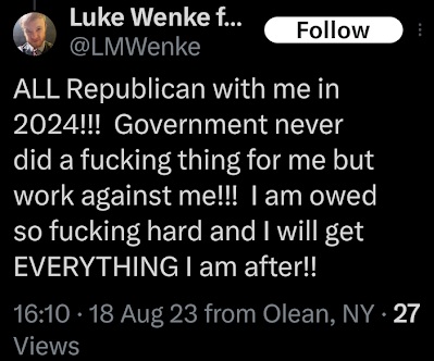a screenshot of an ex/twitter post by luke wenke demanding reparations from the US government in august 2023