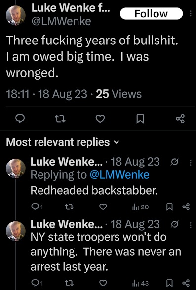 a screenshot of an august 2023 facebook post by Luke Wenke taunting his stalking victim katie