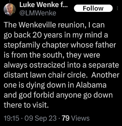 luke wenke accuses his family of excluding certain attendees at wenkeville family reunion x/twitter screenshot september 2023