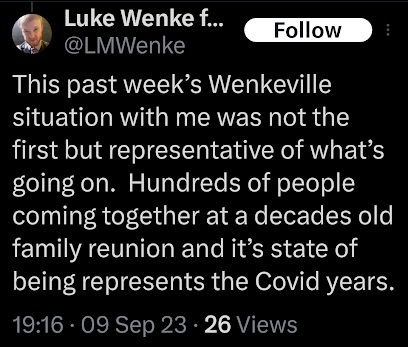 luke wenke complains about wenkeville family reunion during covid x/twitter screenshot september 2023