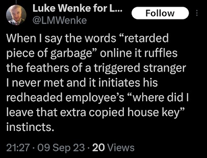 luke wenke trash talking his cyberstalking victim despite being banned from doing so x/twitter screenshot september 2023