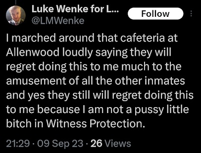 luke wenke bragging about being worshiped in federal prison september 2023 x/twitter screenshot