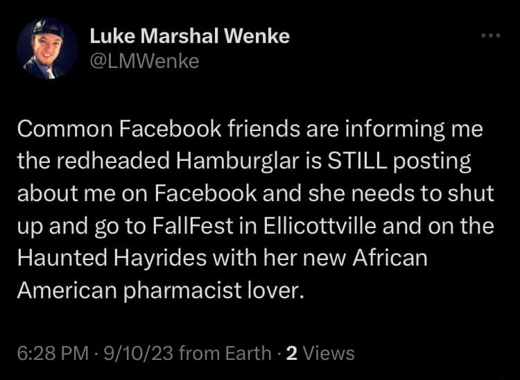 luke wenke complainign about stalking victim katie seeking support x/twitter screenshot september 2023