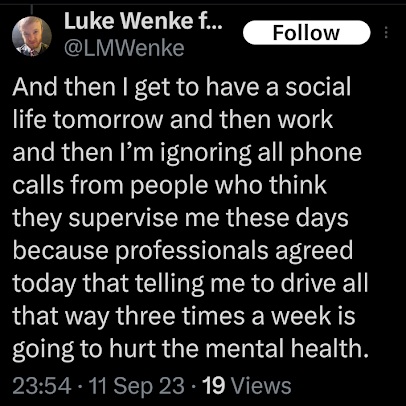 Luke Wenke x/twitter post denying mental illness from September 2023